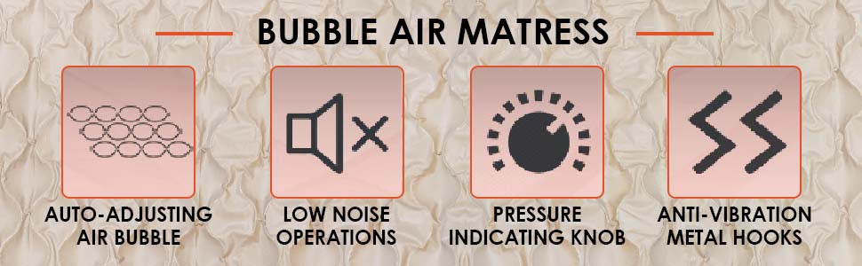 Bubble air mattress: auto-adjusting air bubbles, low-noise operation, pressure-indicating knob, anti-vibration hooks
