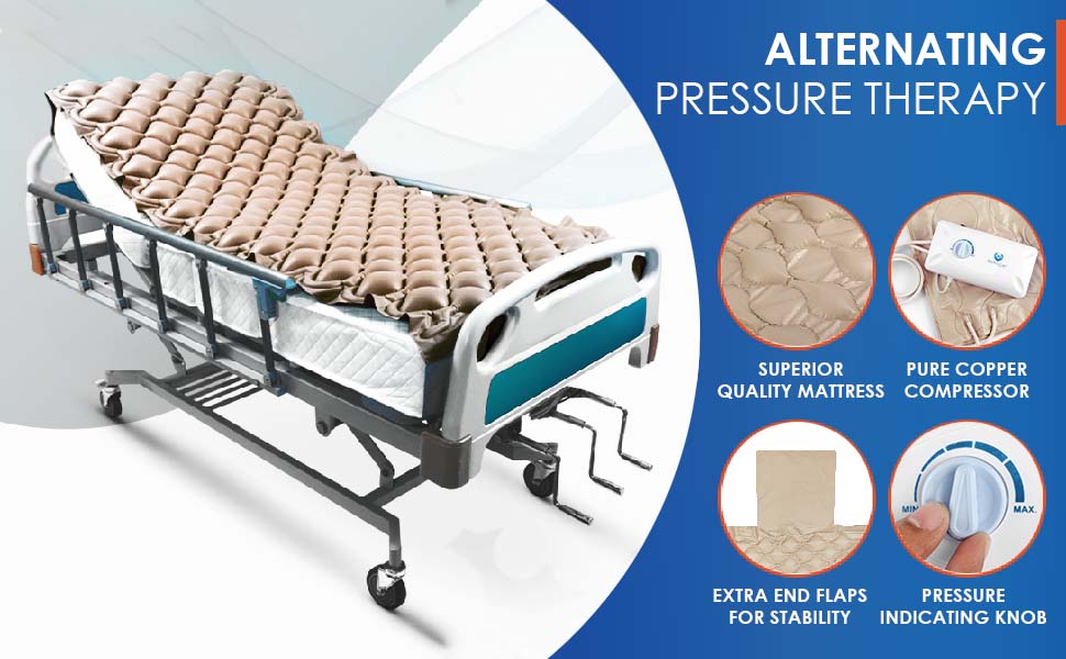 Alternating pressure therapy mattress with copper compressor and pressure-indicating knob