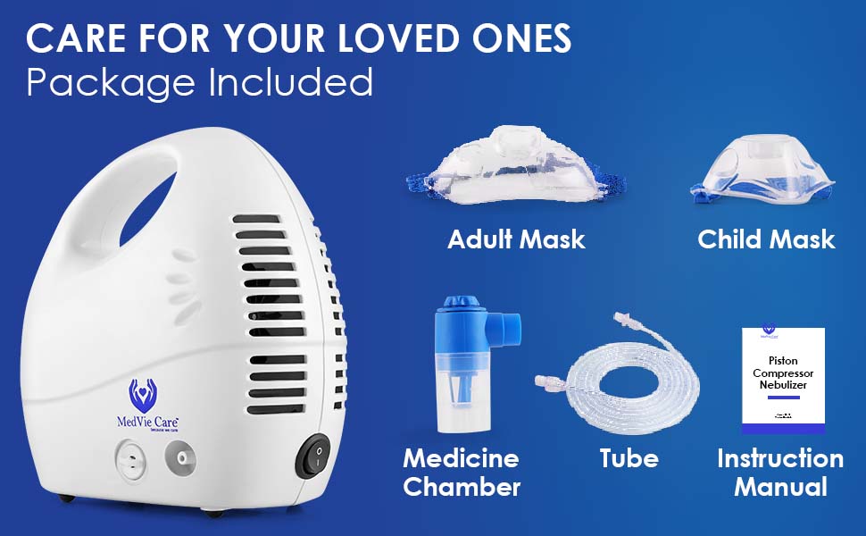 In the box: adult mask, child mask, medicine chamber, air tube and instruction manual